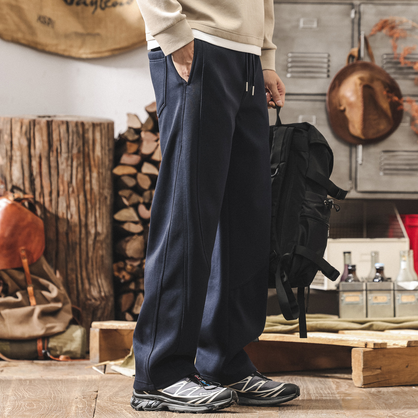 美式復古加絨彎刀褲子男款冬季加厚衛褲直筒男士重磅寬鬆休閒長褲