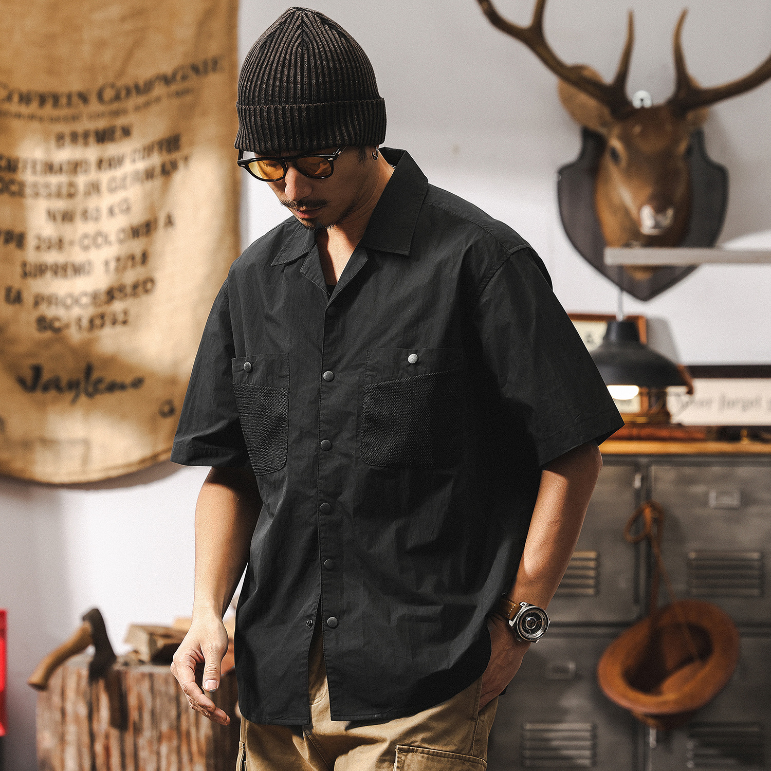 古巴領襯衫男短袖夏季2025新款美式復古潮牌戶外機能寬鬆工裝襯衣