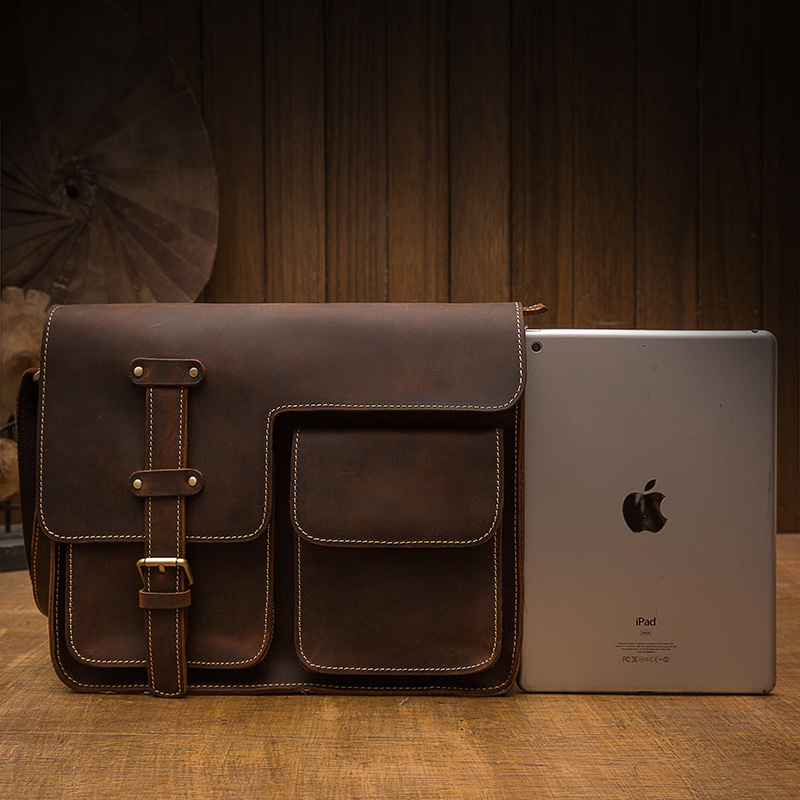 手工牛皮男士單肩包真皮休閒斜挎包男包瘋馬皮個性郵差背包機車包