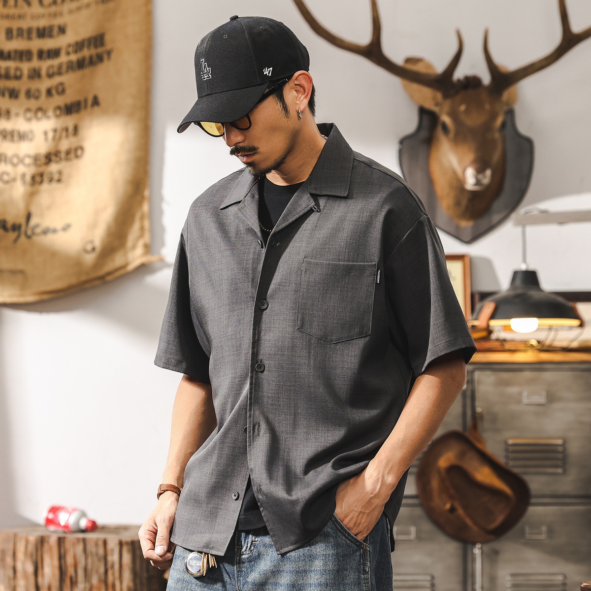 美式復古竹節紋古巴領襯衫短袖男款夏季潮牌寬鬆輕熟高級感襯衣男