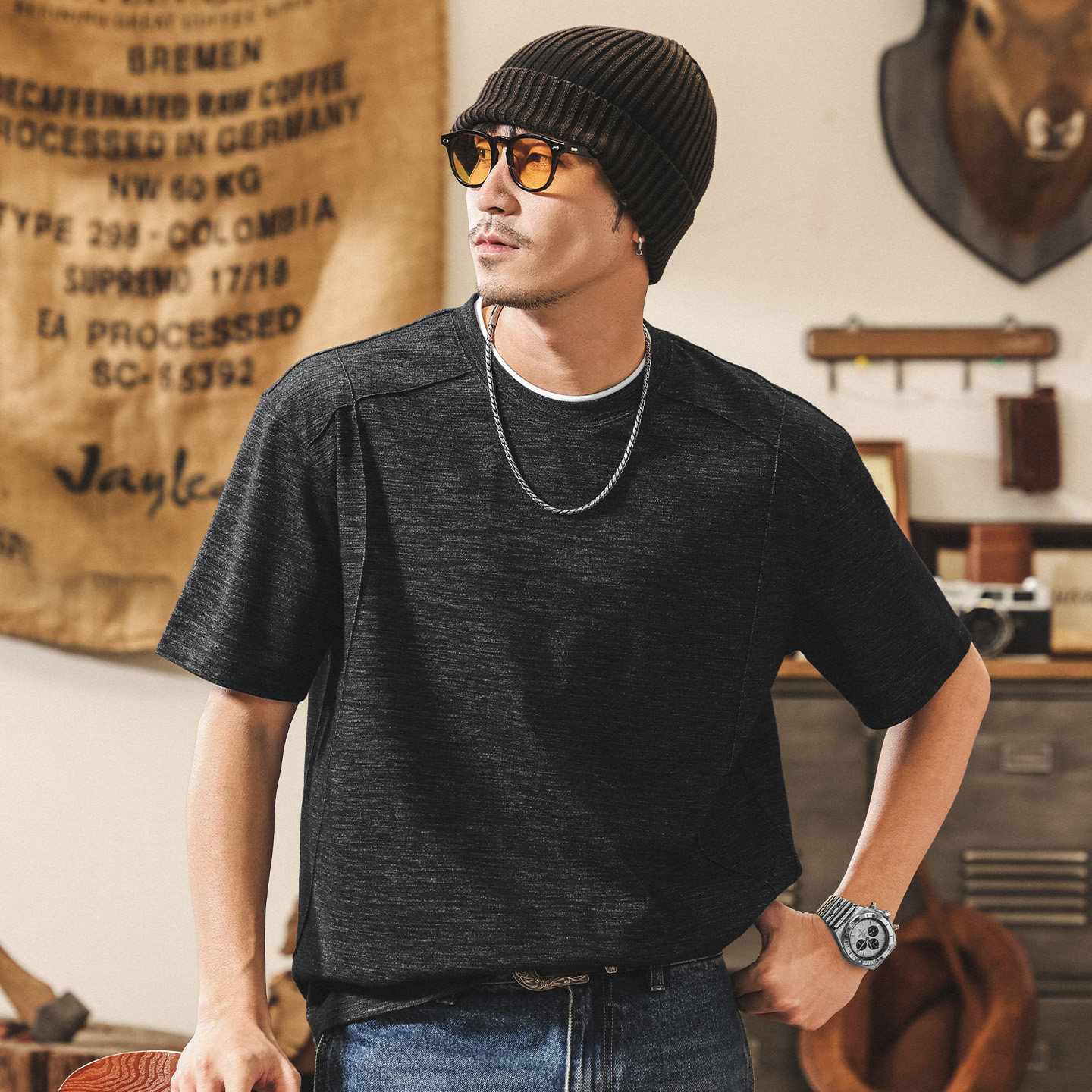 美式復古重磅假兩件男士短袖T恤夏季新款親膚花紗潮流寬鬆上衣男