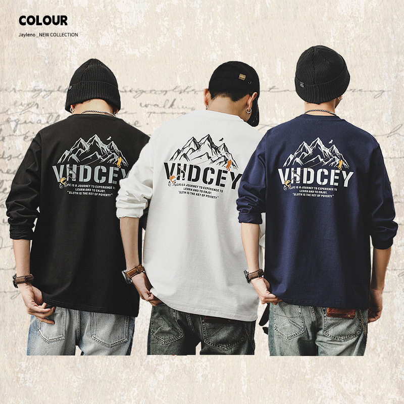 春季新款黑色長袖T恤男寬鬆潮牌男裝山系印花260g重磅上衣男