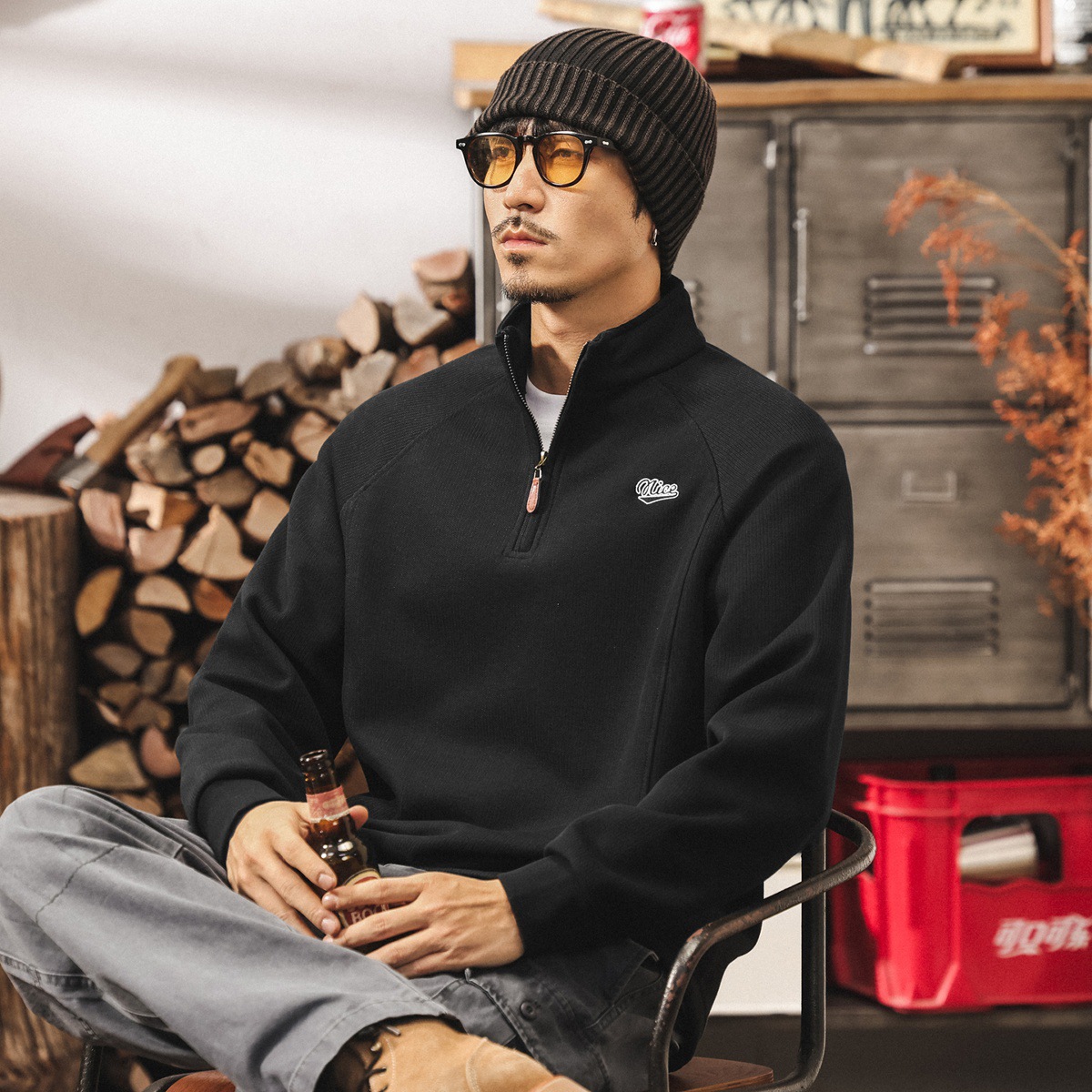 美式复古重磅拉链半高领卫衣男春秋2025新款潮牌宽松休闲秋季外套