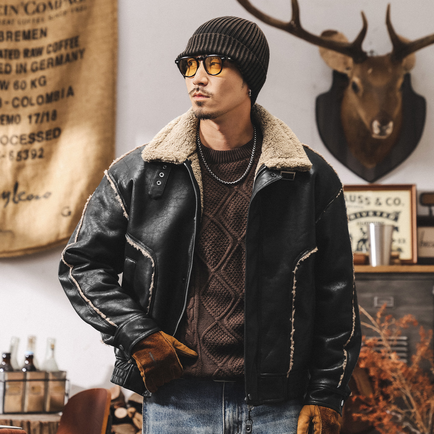 美式復古座山雕加絨皮衣外套男士棉服冬季潮牌機車皮毛一體棉衣男