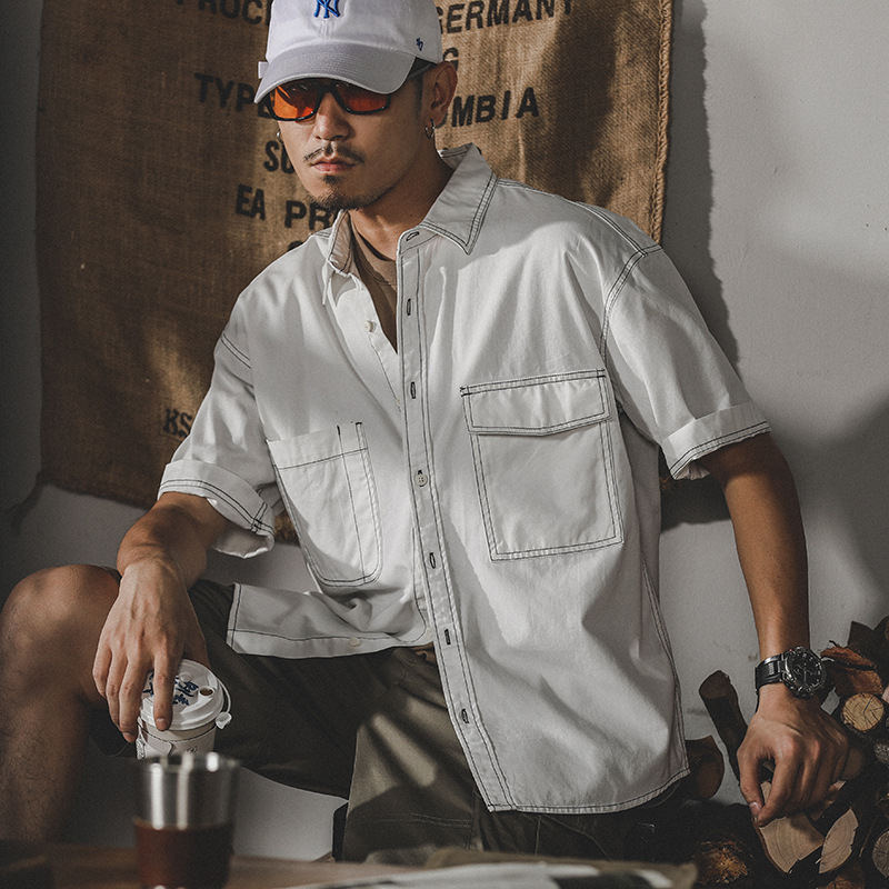杰雷諾美式復古水洗工裝襯衫男半袖夏季新款寸衫短袖襯衣男款