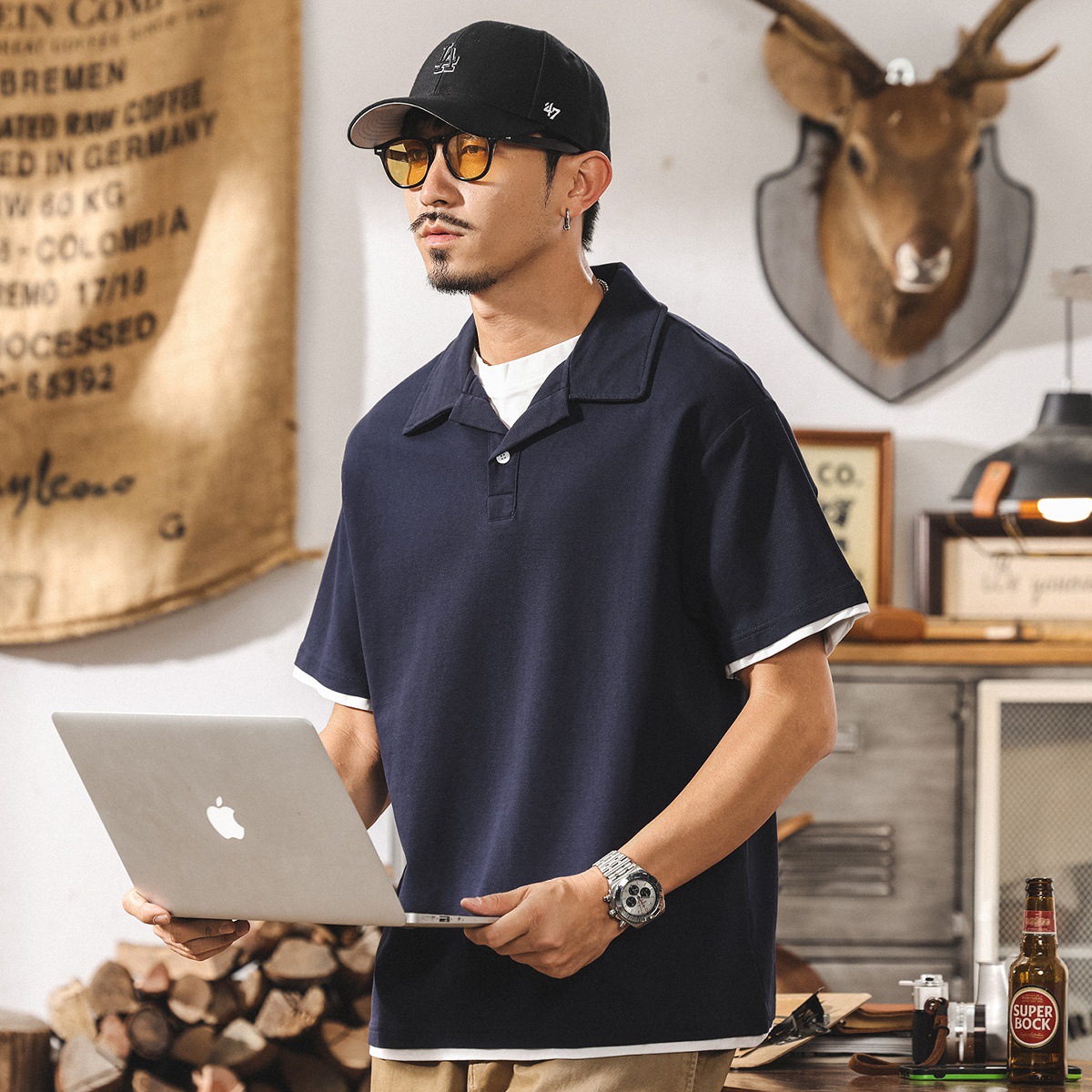 美式復古假兩件短袖Polo衫男士夏季潮牌寬鬆t恤男裝休閒半袖上衣T