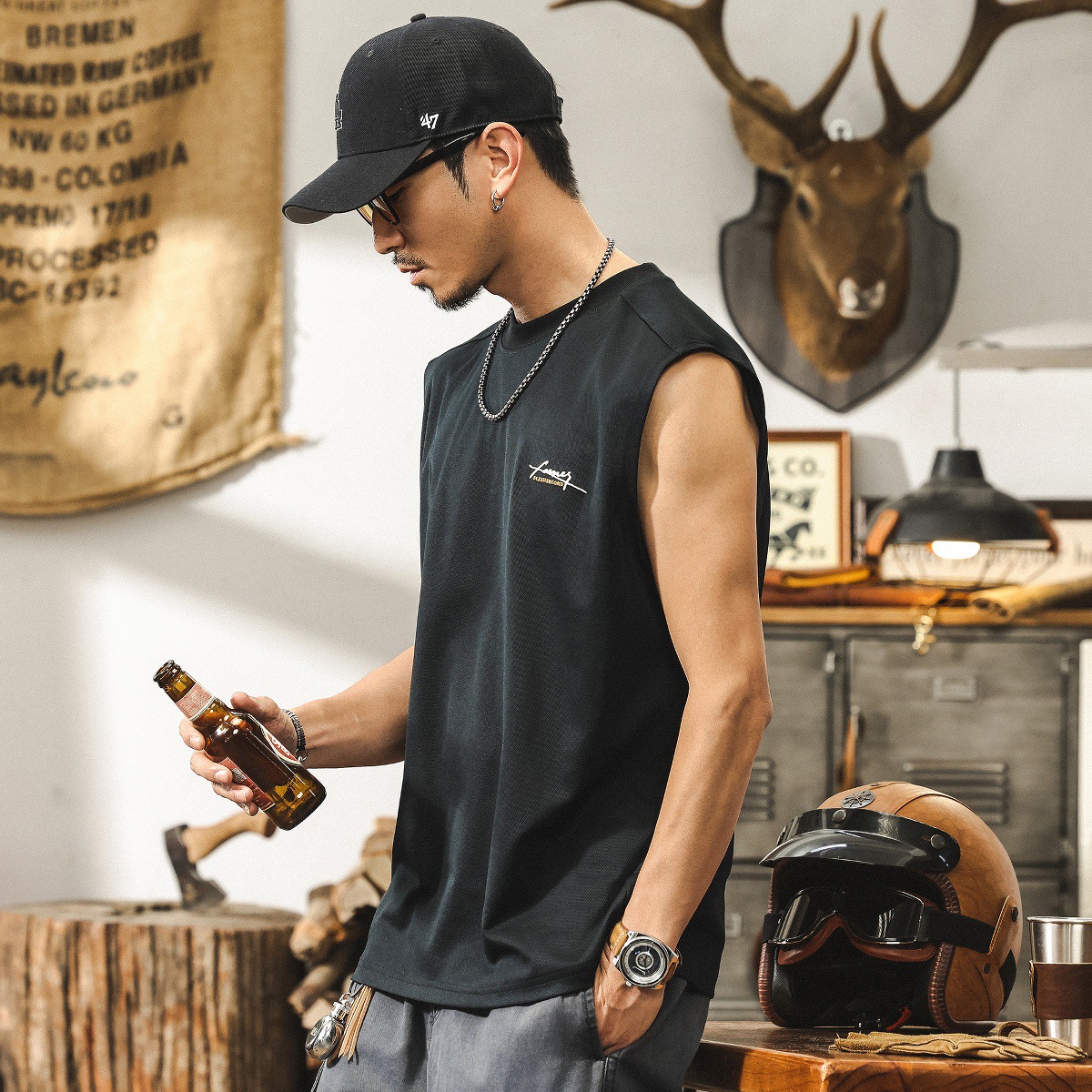 冰絲網眼運動休閒健身背心男款夏季潮牌寬鬆無袖T恤男裝坎肩上衣