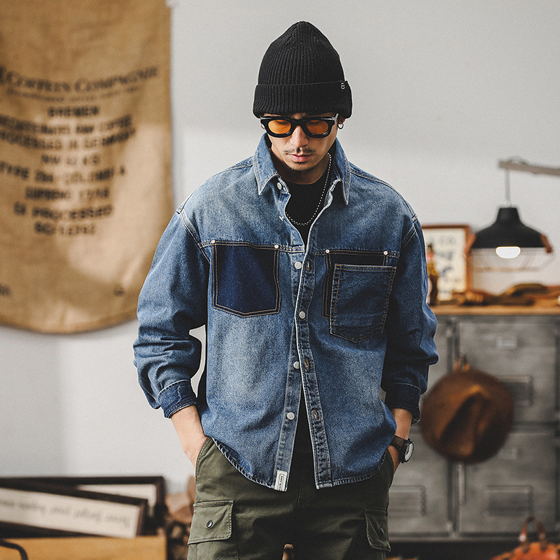 春季新款牛仔外套男春秋款潮牌高級感痞帥工裝夾克設計款長袖襯衫