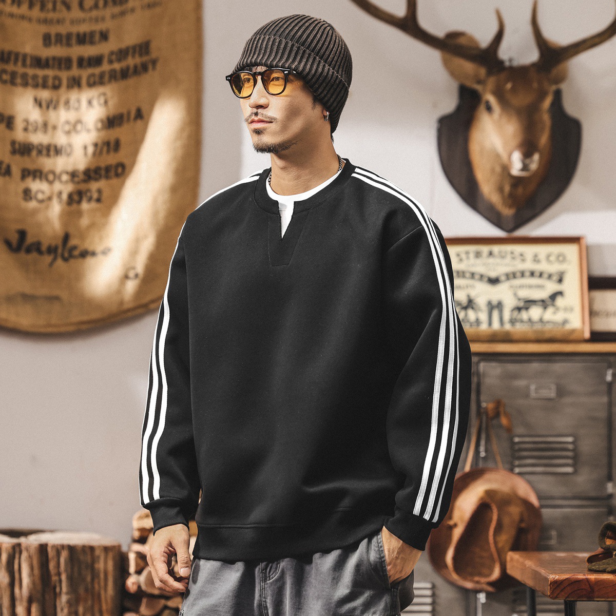 美式復古假兩件420g重磅衛衣男士春秋寬鬆2025新款三條槓男生上衣