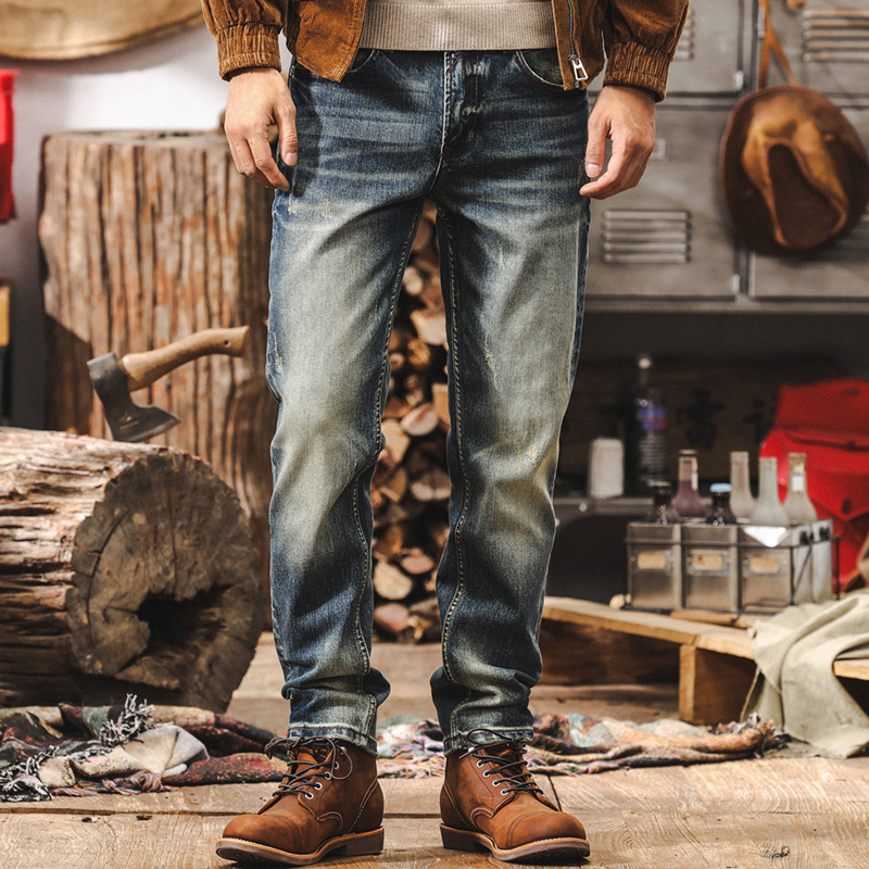 美式復古牛仔褲男款秋季2025新款潮牌機車修身直筒長褲男士休閒褲