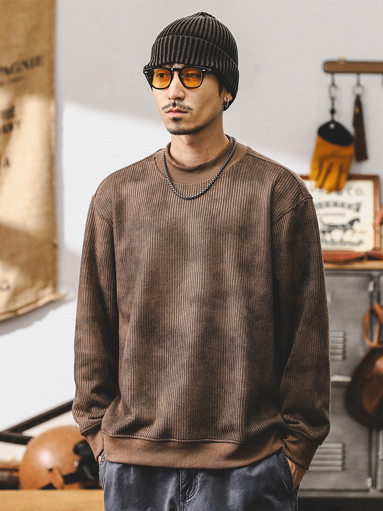 美式重磅針織肌理感衛衣男秋季寬松潮牌複古暈染圓領休閑上衣男款