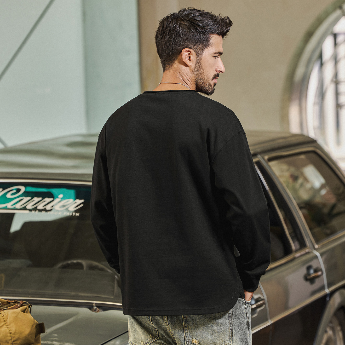 美式復古重磅長袖T恤男春季新款基礎內搭男士打底衫寬鬆上衣