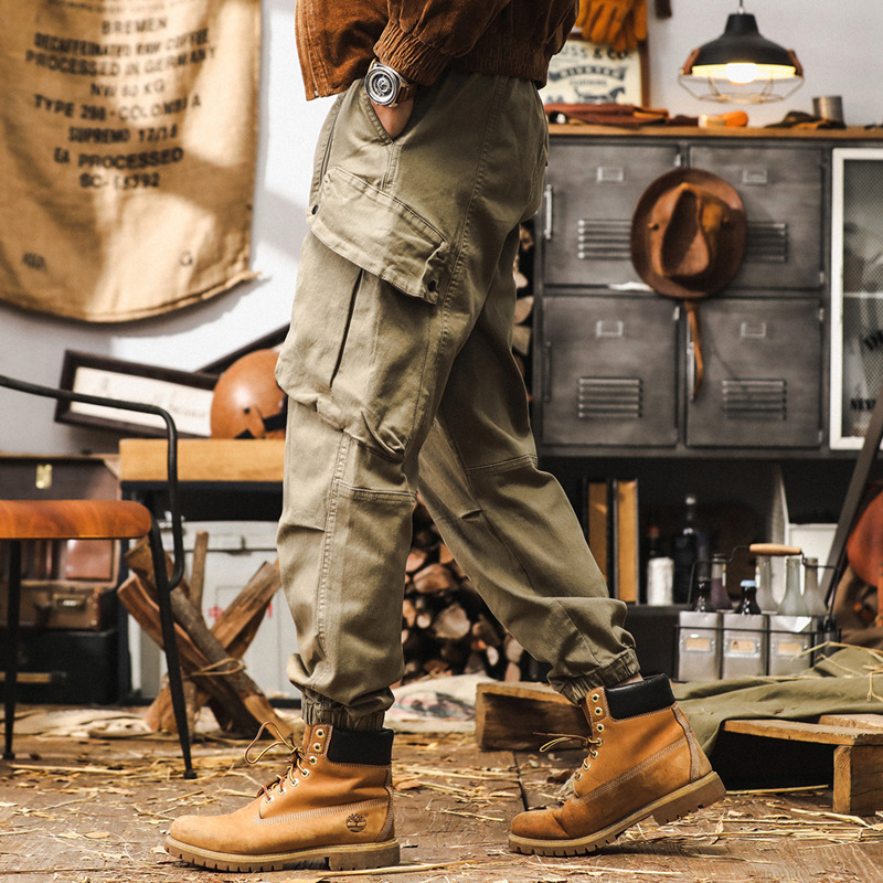 美式復古卡其色工裝褲子男秋季潮牌城市戶外通勤寬鬆大口袋休閒褲