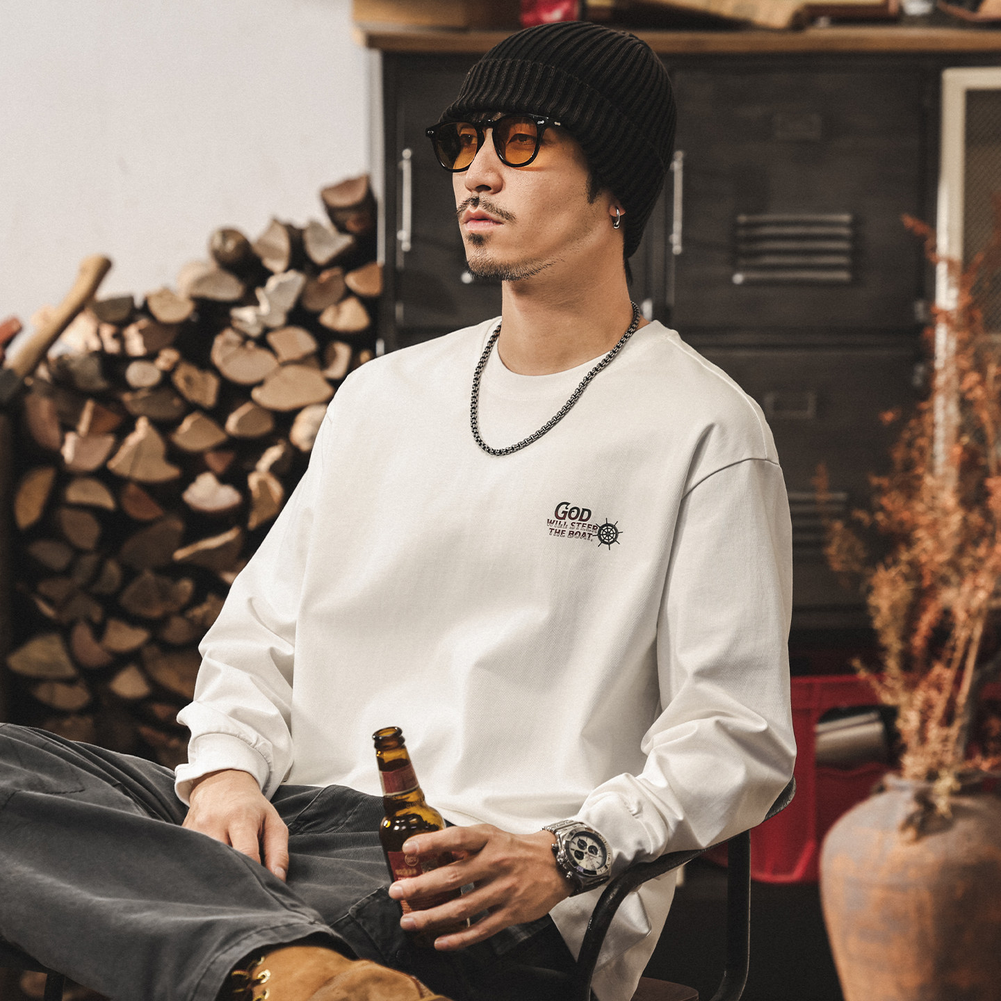 美式復古T恤男士長袖2026春季新款趣味印花潮牌寬鬆休閒上衣