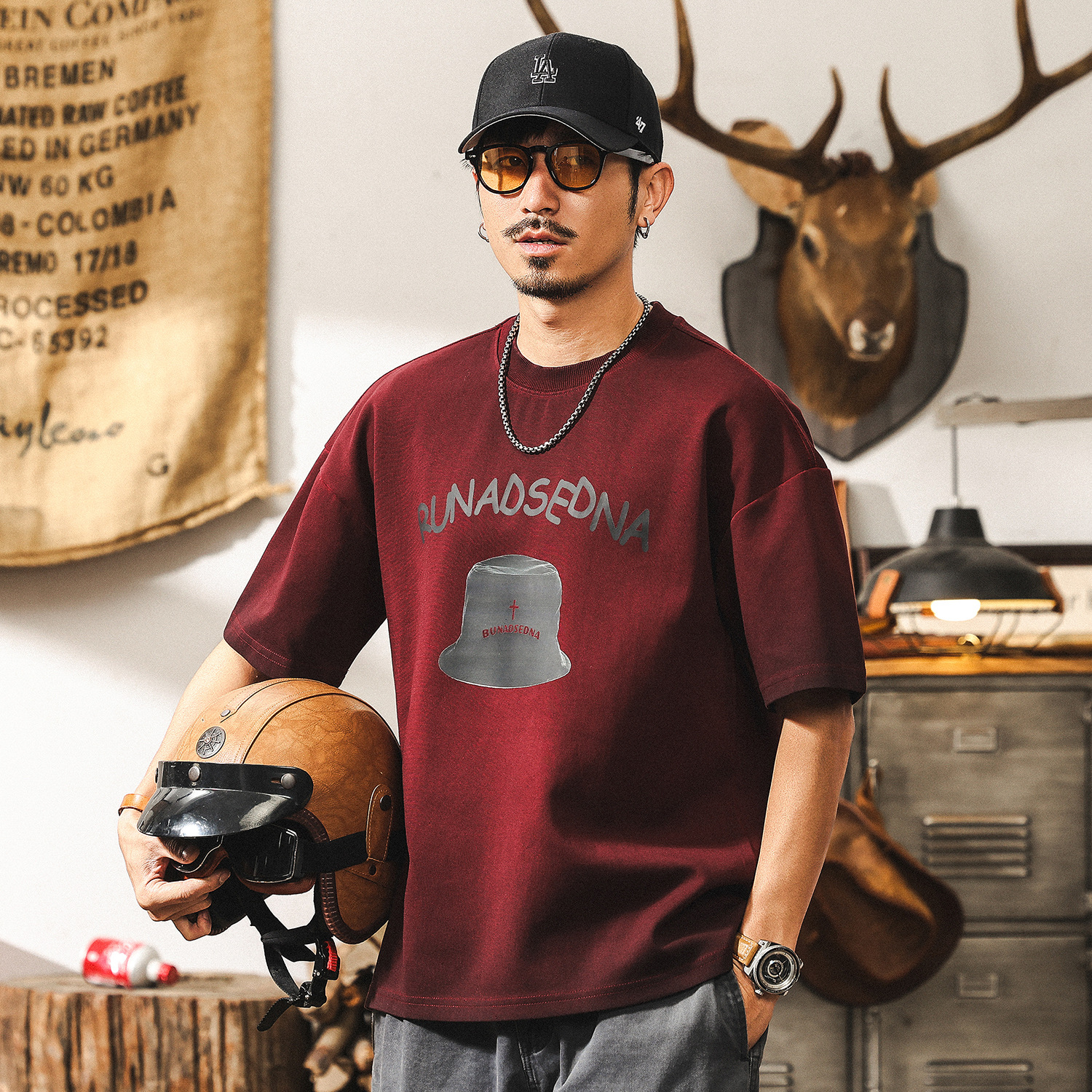 安可拉紅300g重磅T恤男短袖夏季2025新款美式復古髒染水洗上衣男