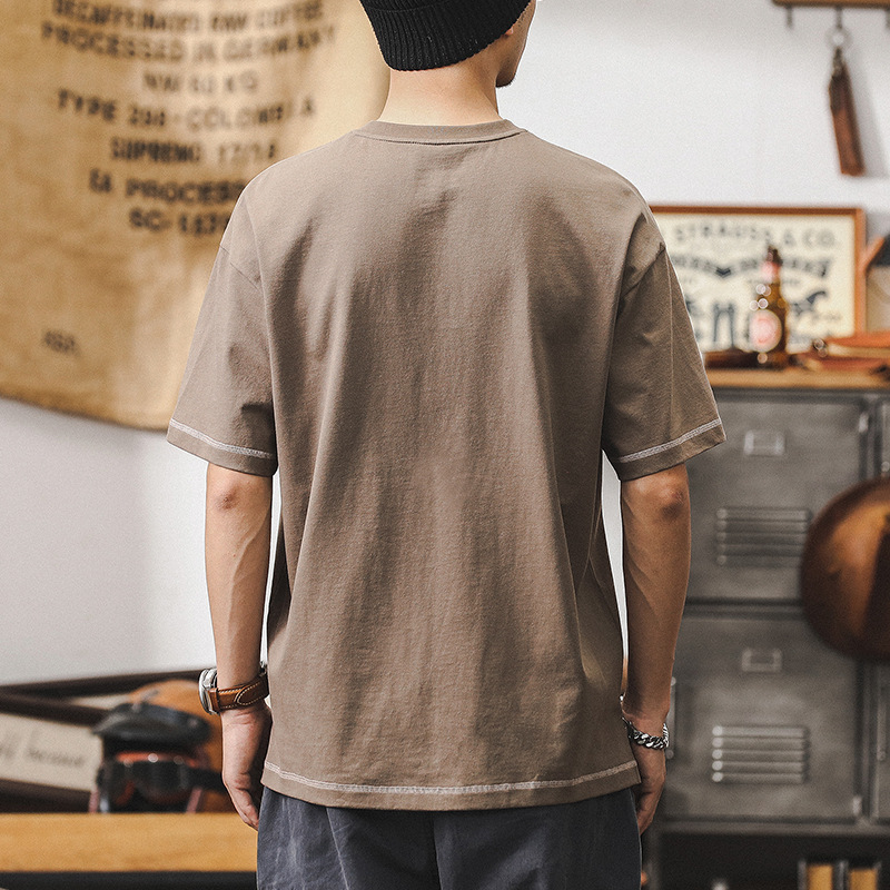 杰雷諾美式復古亨利領短袖T恤男夏季潮牌卡其色休閒男士上衣