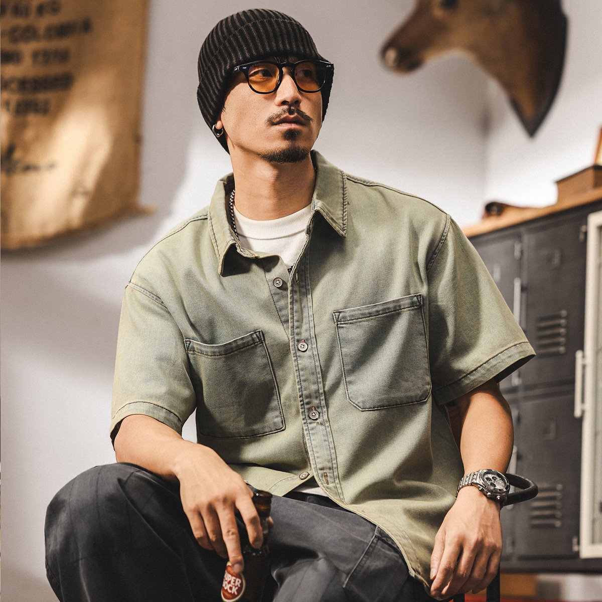 美式復古萊賽爾牛仔襯衫男夏季新款寬鬆潮流痞帥工裝襯衣薄款外套
