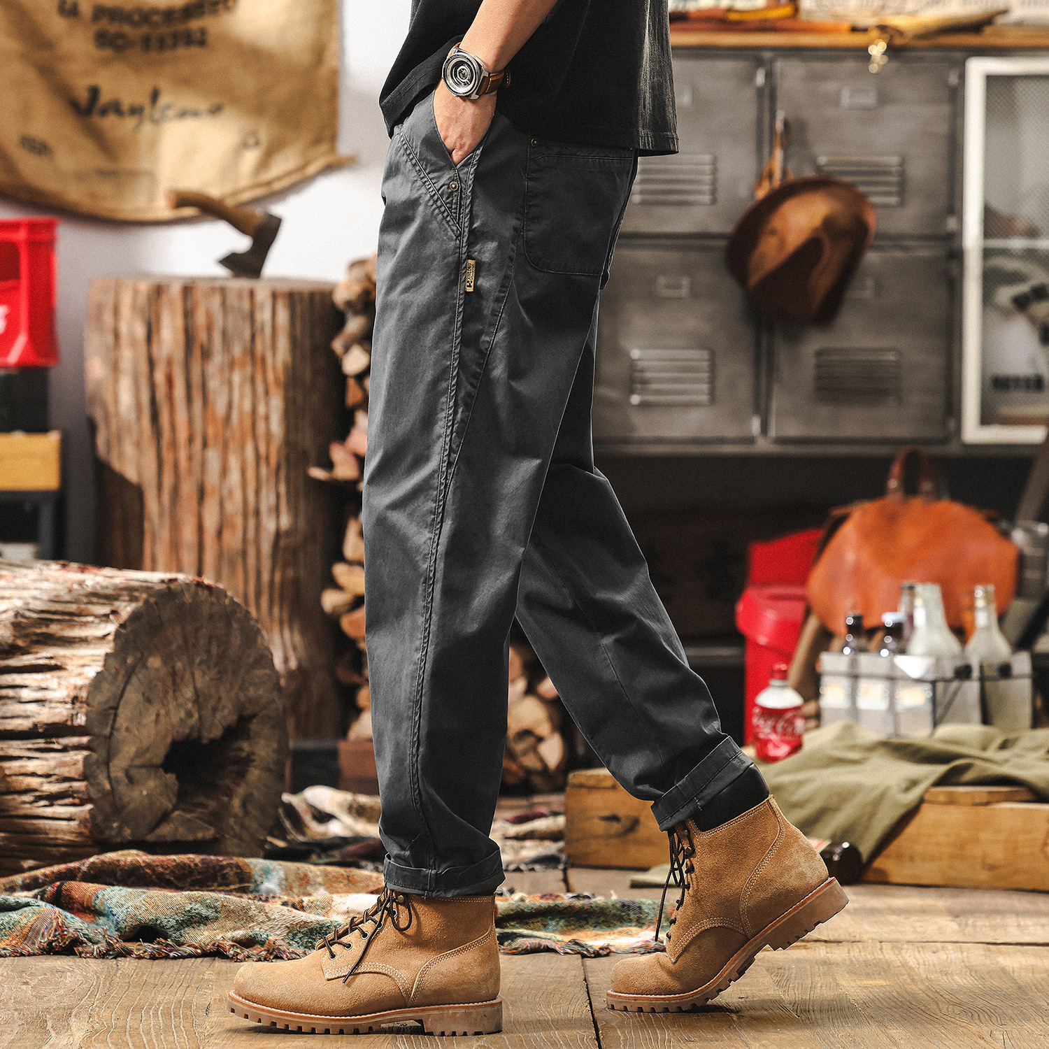 美式復古做舊洗褪工裝褲子男夏季寬鬆直筒長褲潮牌通勤百搭休閒褲