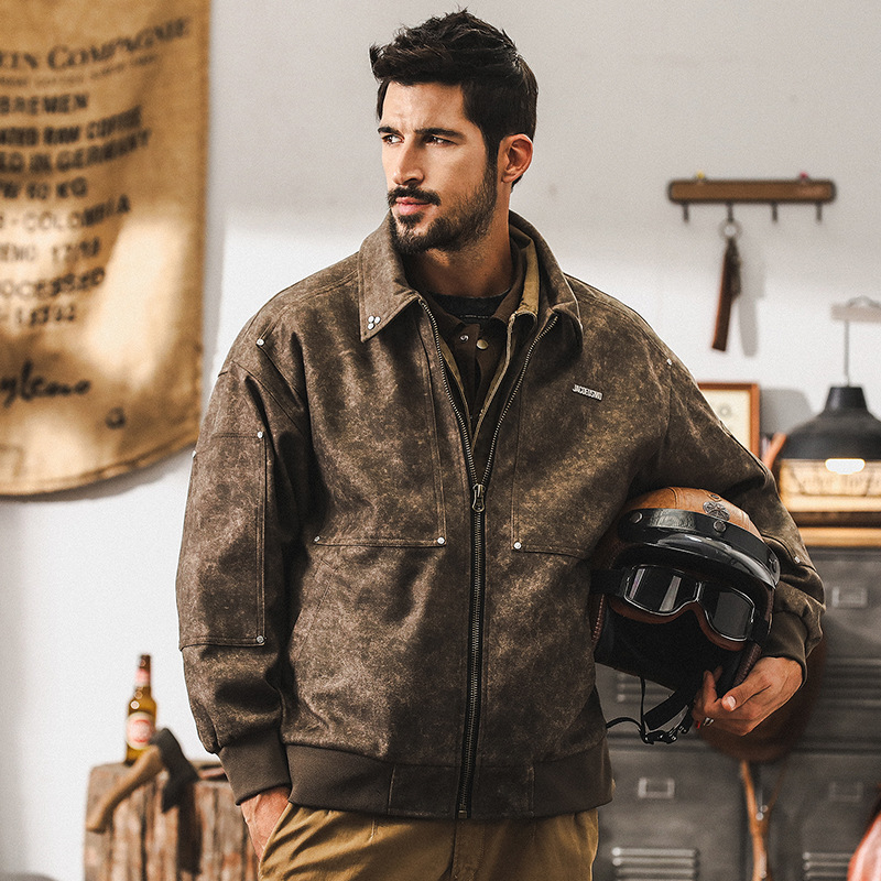 美式復古扎染水洗工裝外套男春秋2024新款潮流痞帥硬漢休閒夾克男