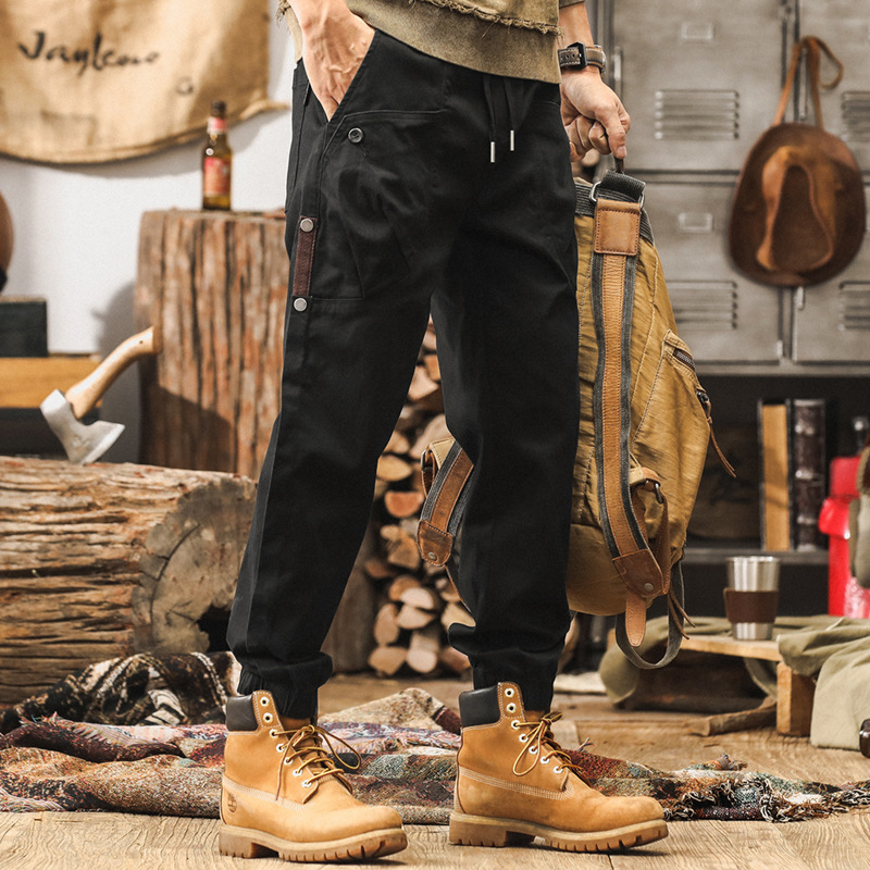 杰雷諾美式復古工裝褲子男秋冬2024新款潮牌寬鬆束腳黑色休閒褲男