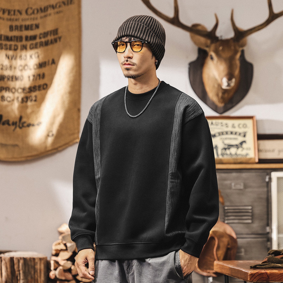 美式復古拼接設計感秋季重磅衛衣男2025新款春秋潮牌寬鬆男士上衣