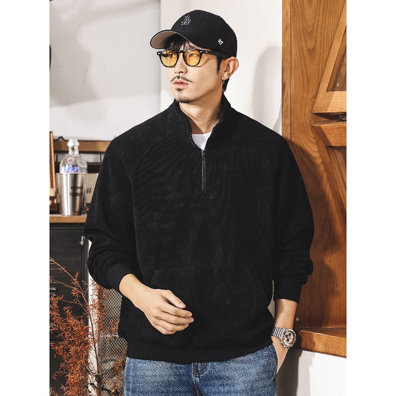 美式復古400g重磅半高領衛衣男春秋潮牌保暖絨感寬鬆半拉鍊外套男