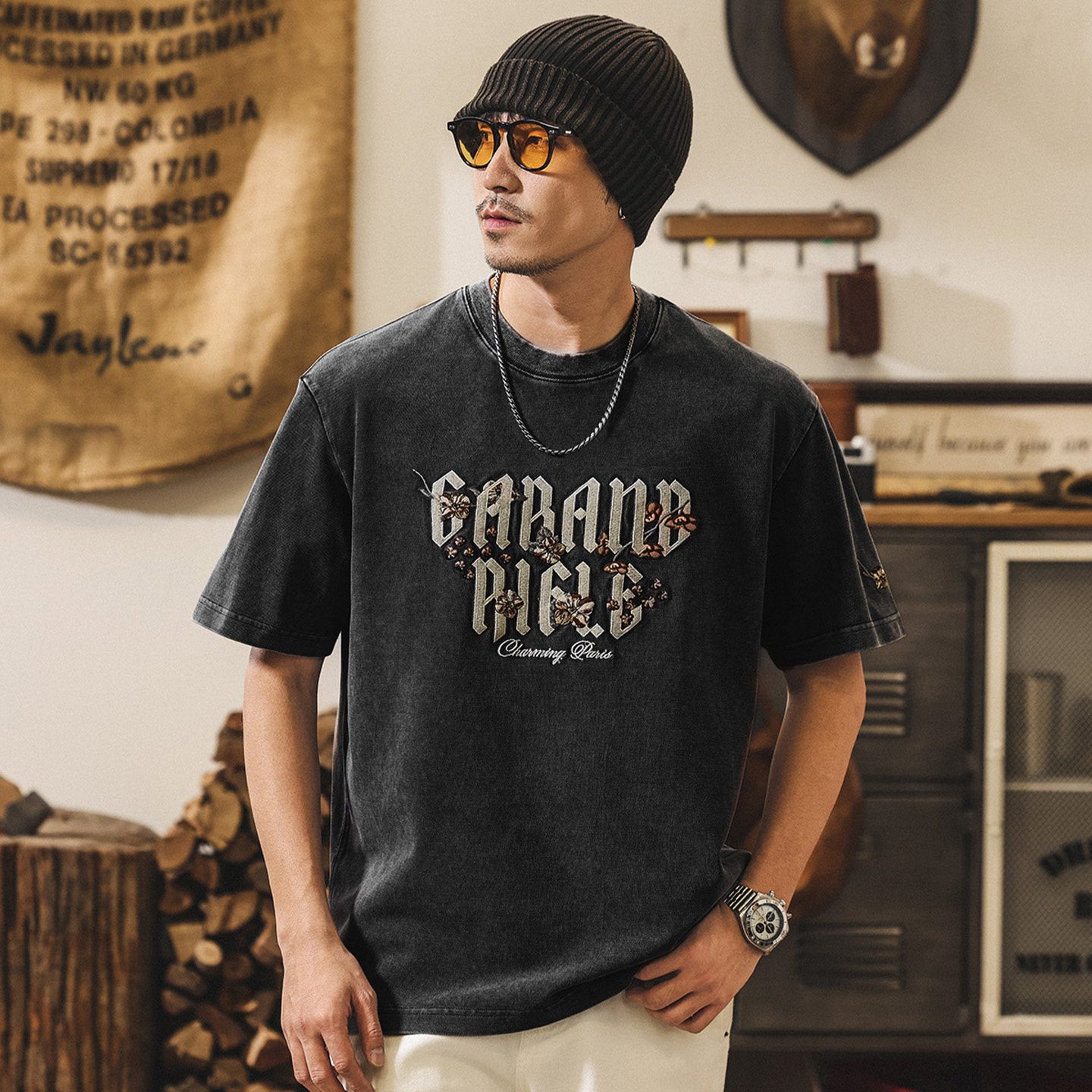 美式復古重工砂石水洗T恤男夏季2026新款潮牌刺繡短袖男寬鬆上衣