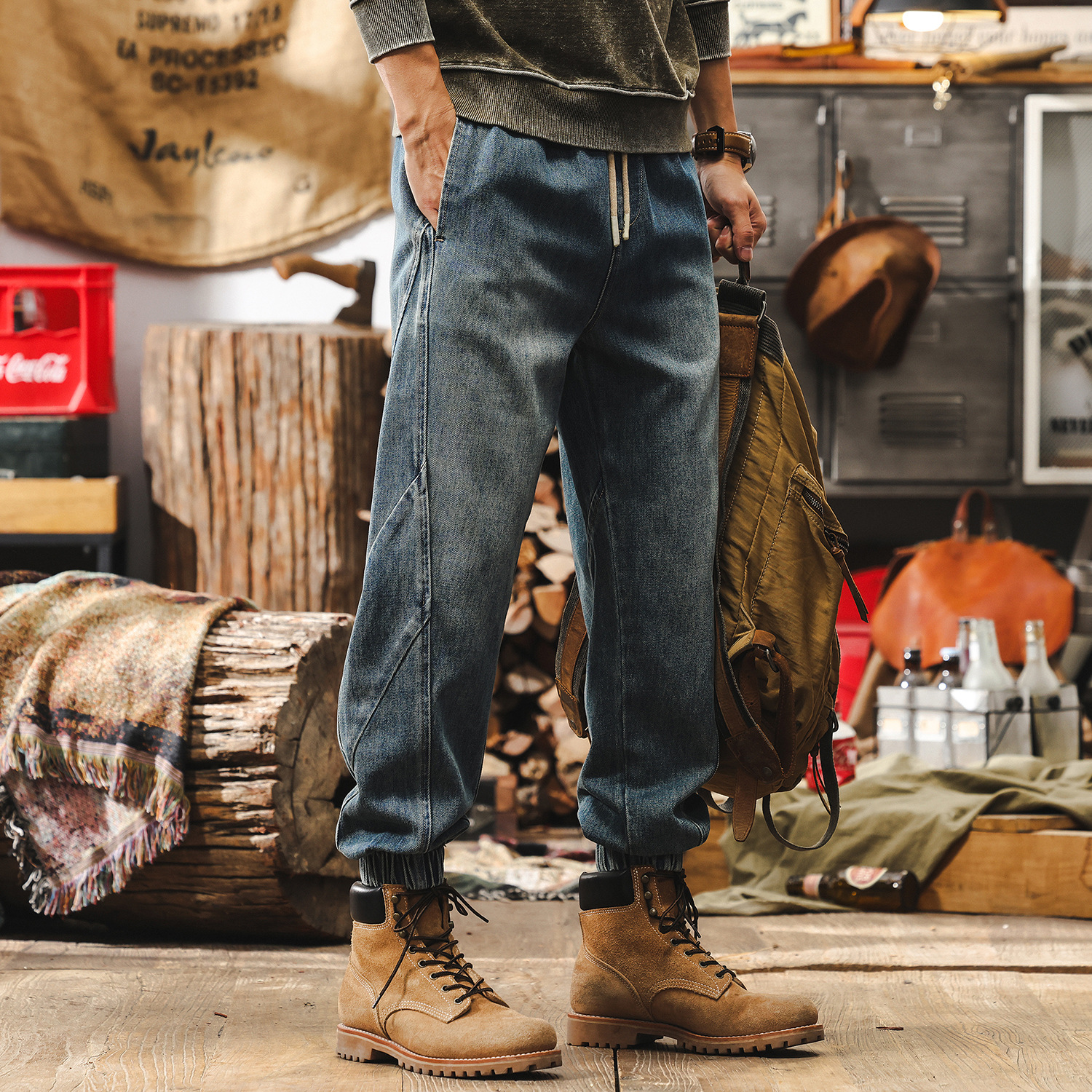 萊賽爾薄款褲子男夏季美式復古2025新款寬鬆直筒束腳休閒牛仔褲男