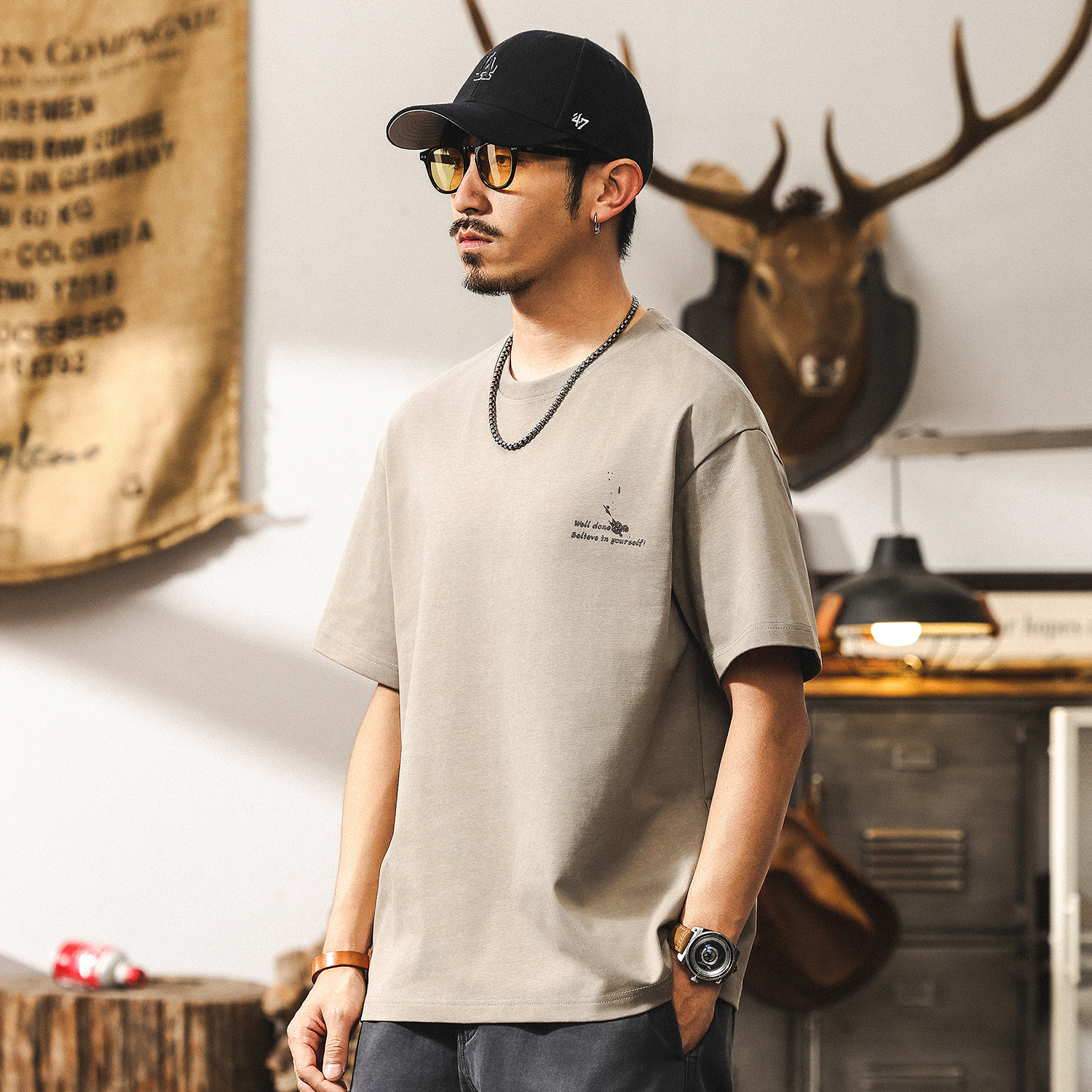 美式復古蠟染300g重磅T恤男短袖夏季2025新款寬鬆雙紗上衣男