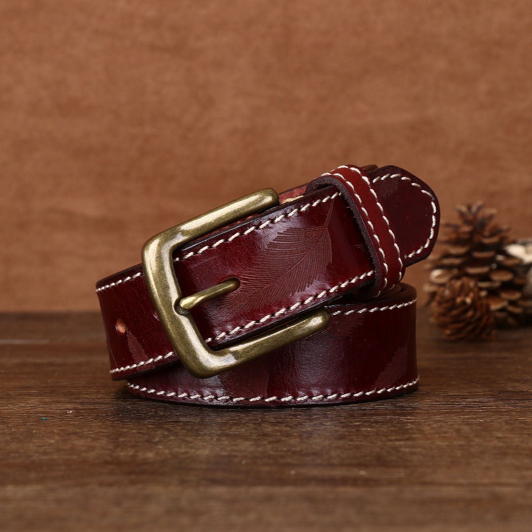 3.4CM男女腰帶激光雕刻復古頭層牛皮皮帶個性銅釦休閒腰帶