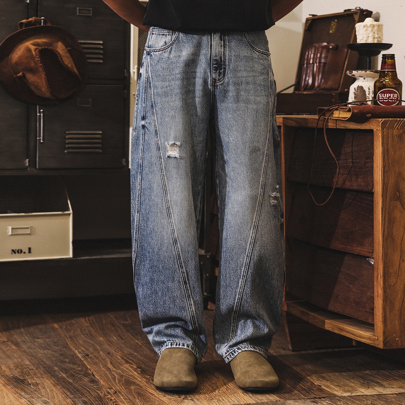 美式復古破洞牛仔褲男春季潮牌重水洗闊腿褲寬鬆直筒休閒彎刀褲男