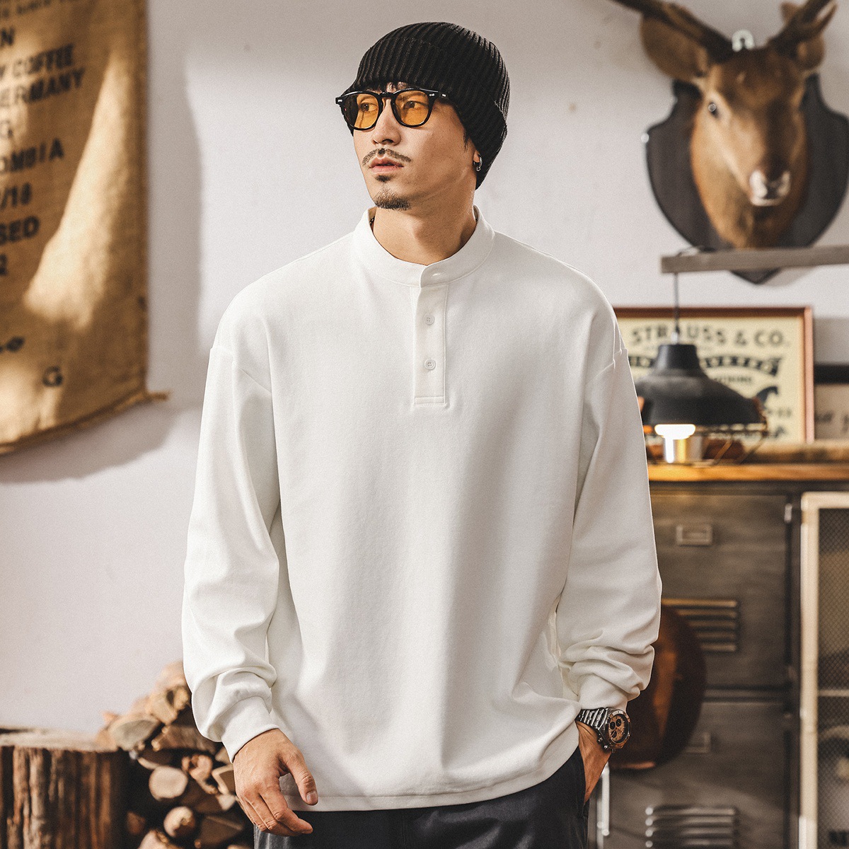 美式復古亨利領男士polo衫長袖t恤男秋季新款重磅磨毛親膚打底衫