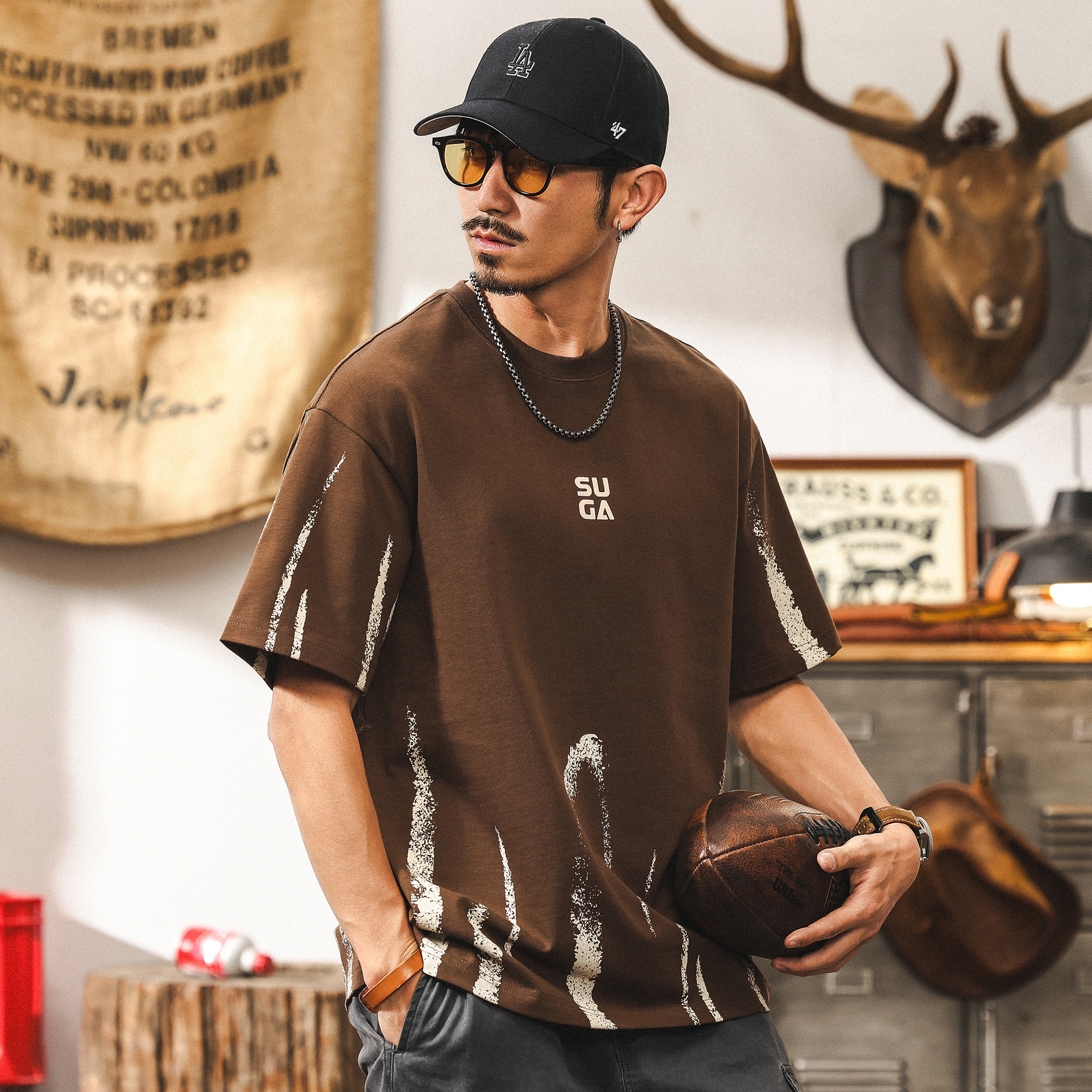 美式復古重磅T恤男夏季短袖男潮牌立體塗鴉印花寬鬆男士上衣