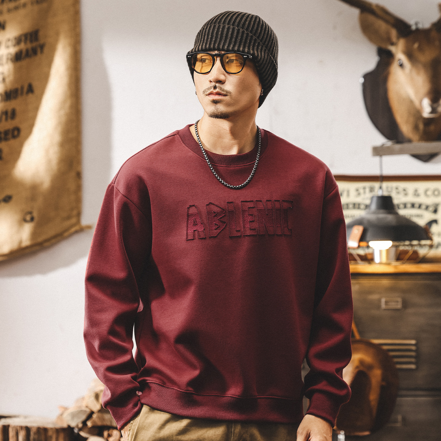 美式重磅復古酒紅色衛衣男2025秋季新款長袖t恤寬鬆大碼男裝上衣