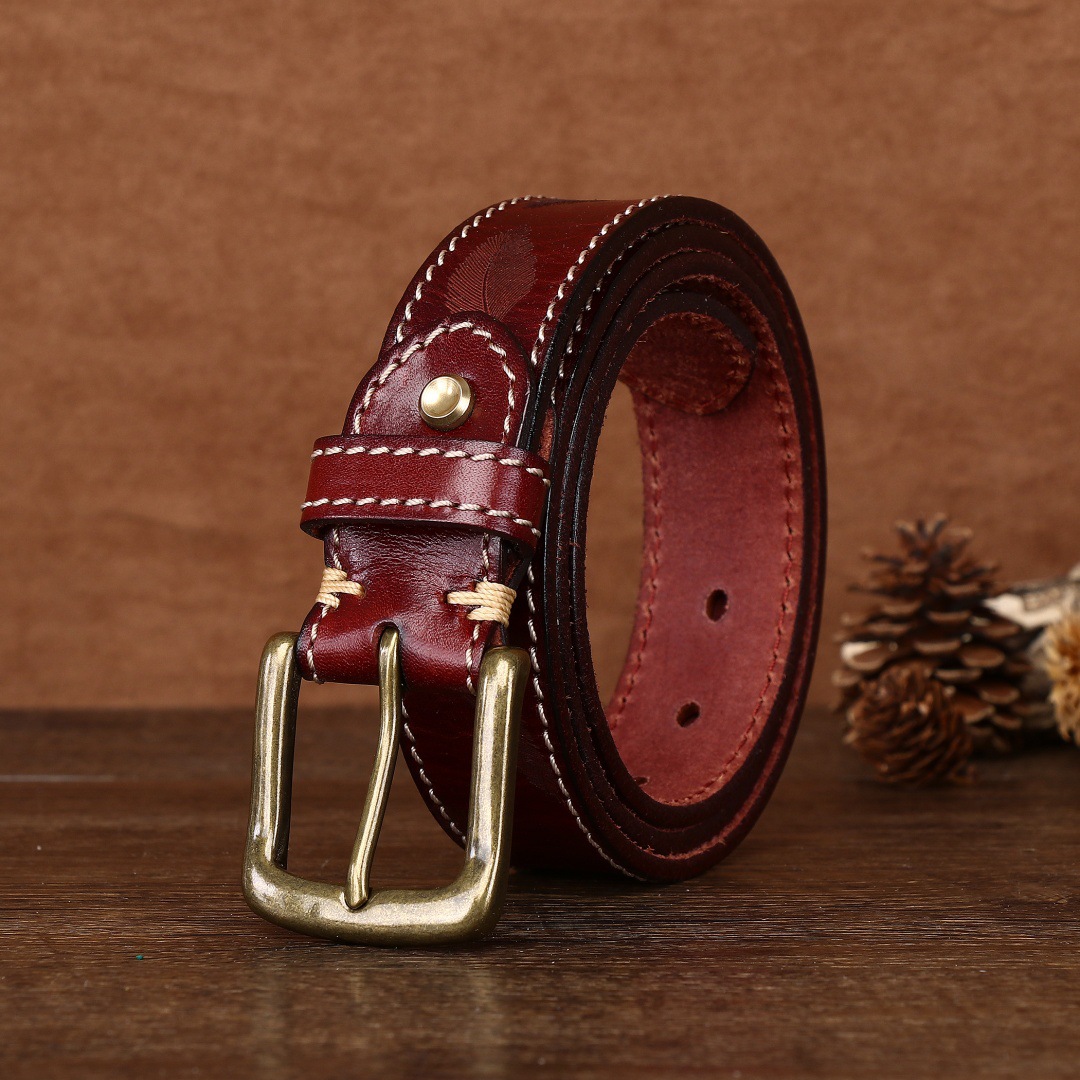 3.4CM男女腰帶激光雕刻復古頭層牛皮皮帶個性銅釦休閒腰帶