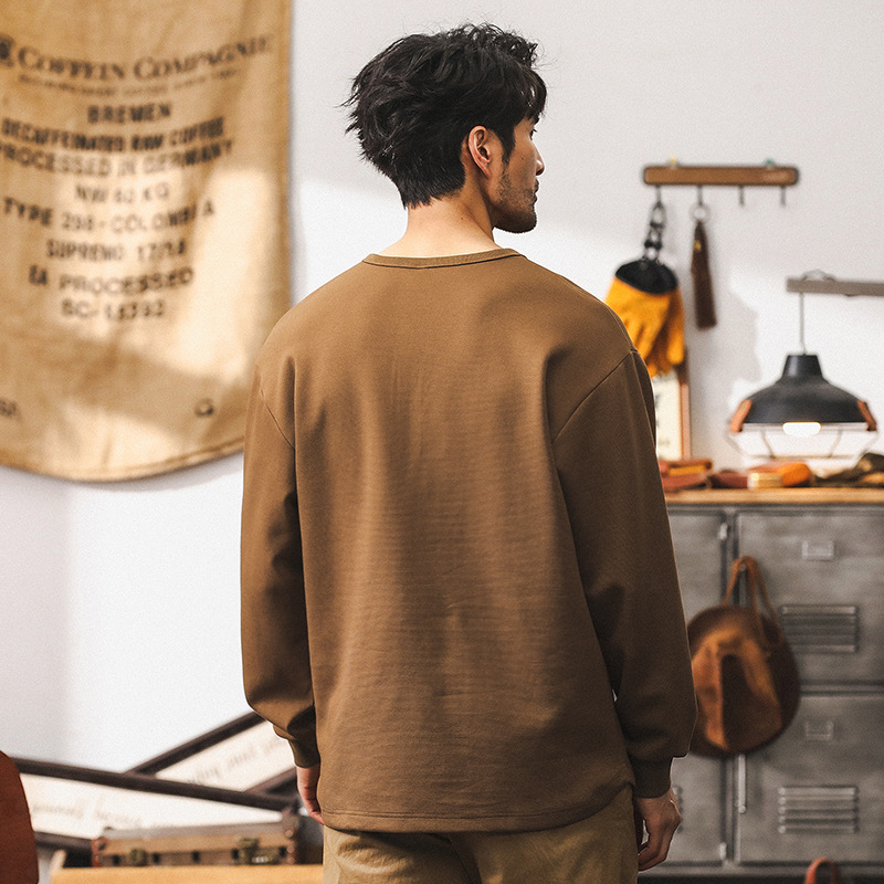 美式復古330g重磅T恤男長袖秋季潮牌2024新款硬漢亨利領polo衫男T