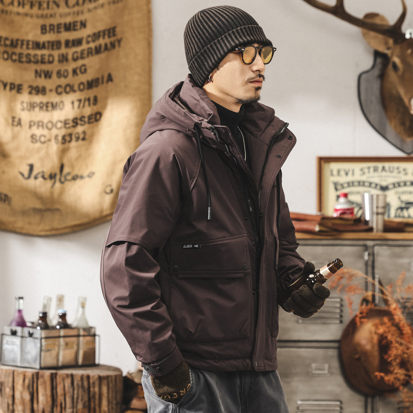 美式復古90純白鴨絨連帽工裝羽絨服男冬季加厚保暖禦寒派克服外套