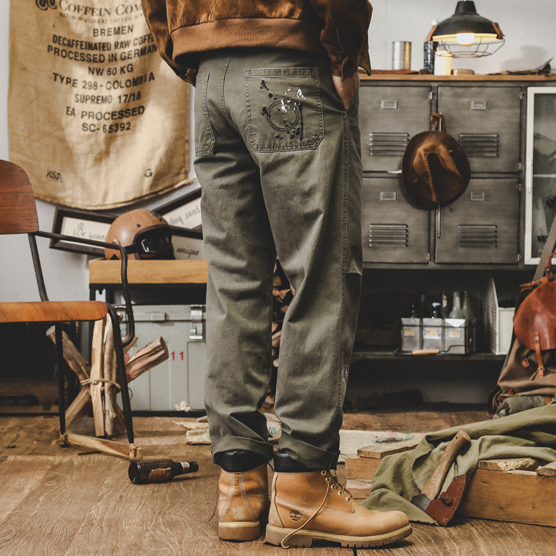 美式休閑長褲子男秋季潮牌2024新款洗褪潑墨寬松直筒工裝褲男