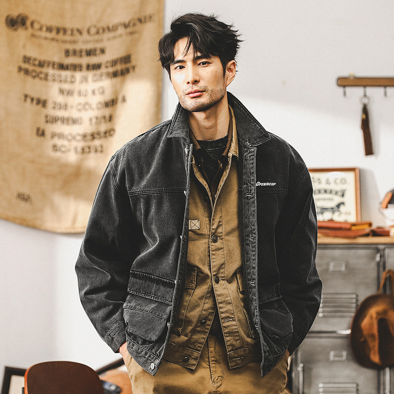 美式複古重磅牛仔外套男春秋款潮牌痞帥做舊水洗工裝秋季休閑夾克