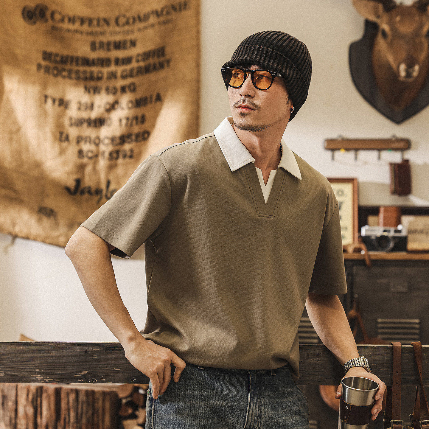 美式復古短袖T恤男夏季2026新款寬鬆假兩件polo衫男潮牌半袖上衣