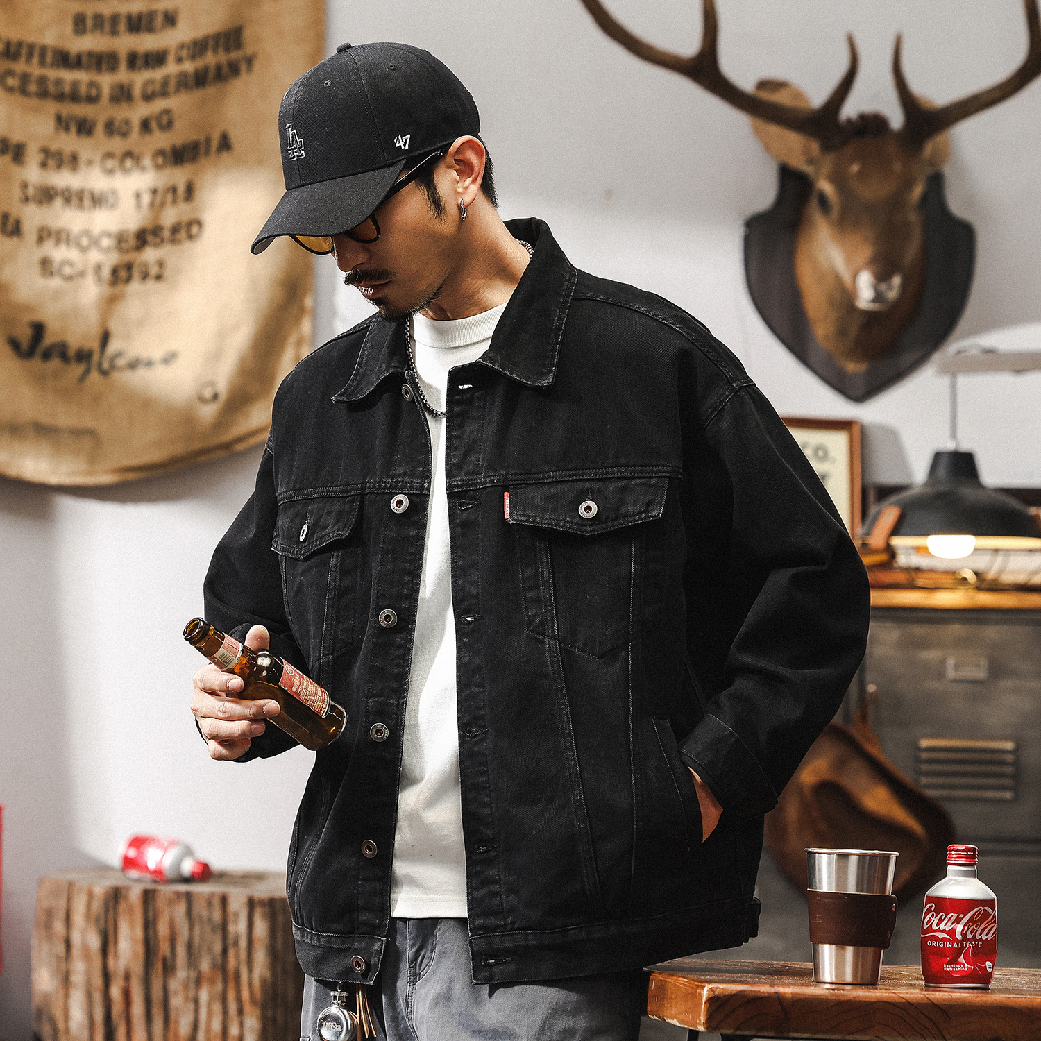 美式復古黑色牛仔外套男春秋2025新款潮牌痞帥寬鬆大碼工裝夾克潮