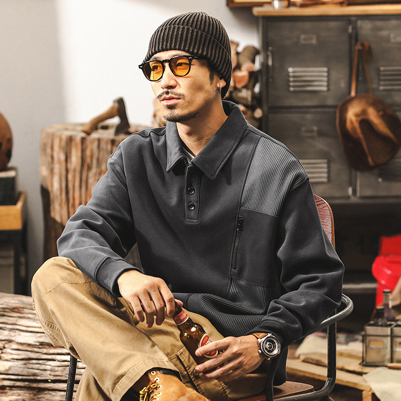 美式復古350g重磅針織衛衣男秋季潮流痞帥設計感軟磨拼接POLO衫男