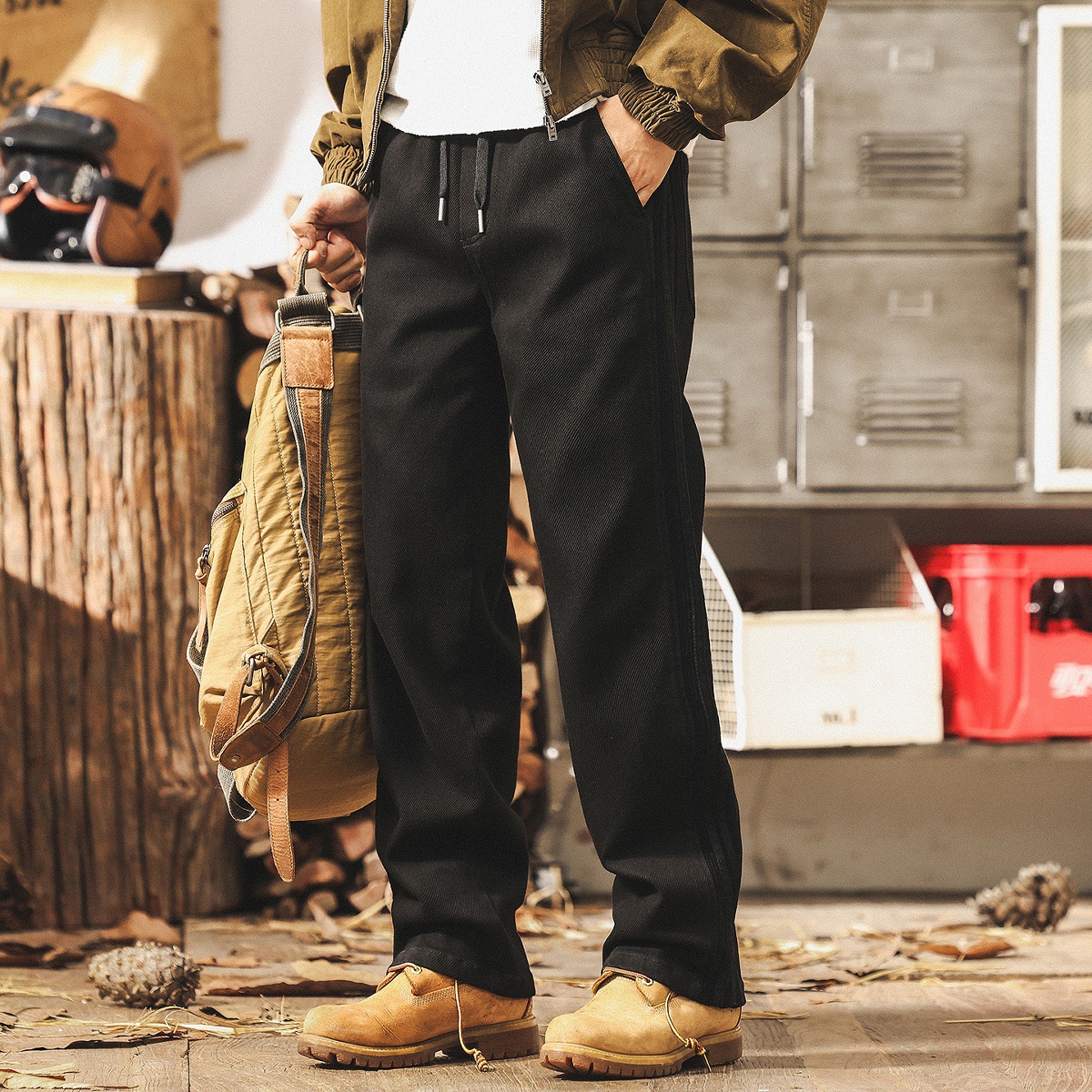 美式復古拼接三條槓牛仔褲男款秋季潮牌設計感寬鬆直筒男士休閒褲