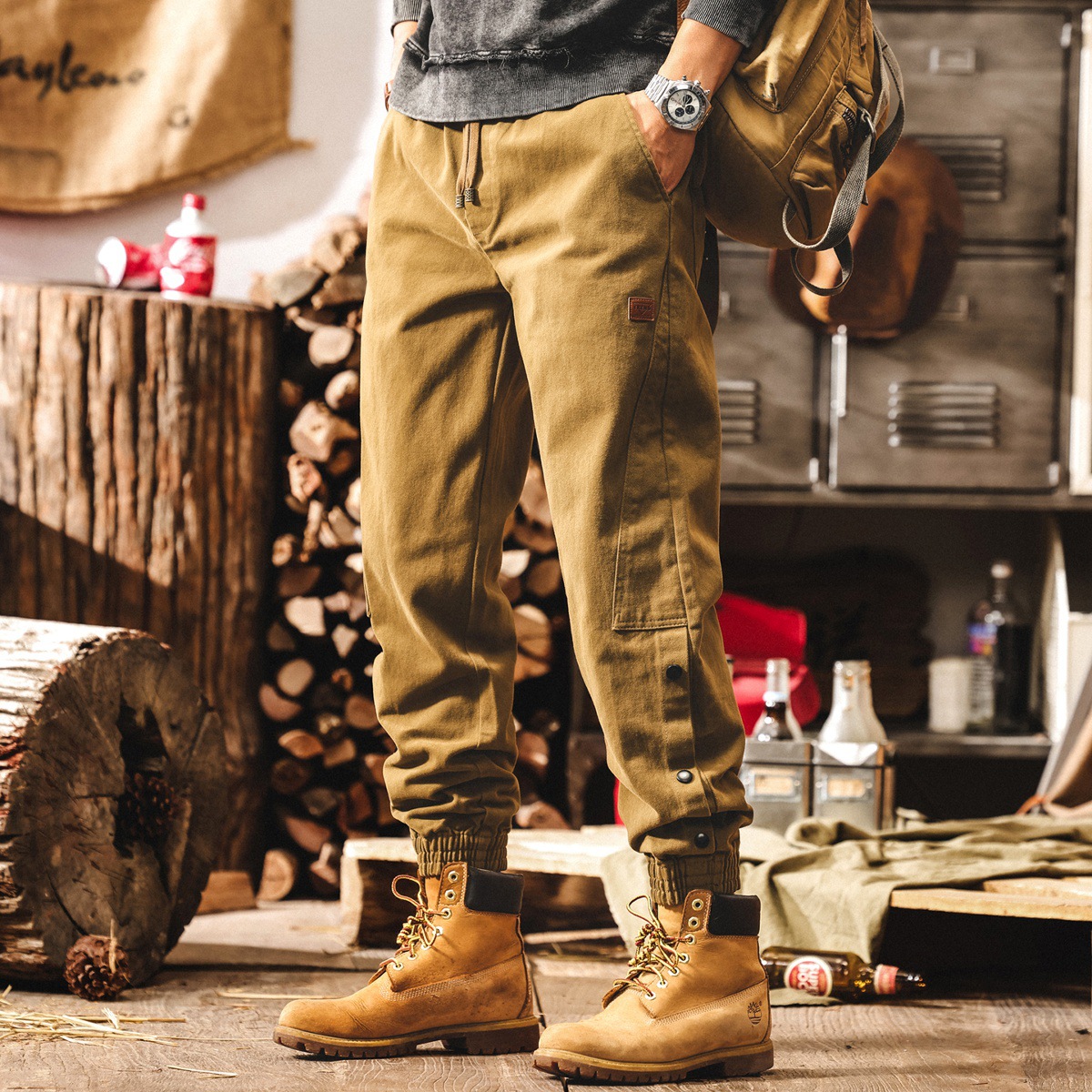 美式重磅復古加絨褲子男士冬季加厚雪花絨休閒褲男款束腳工裝褲子