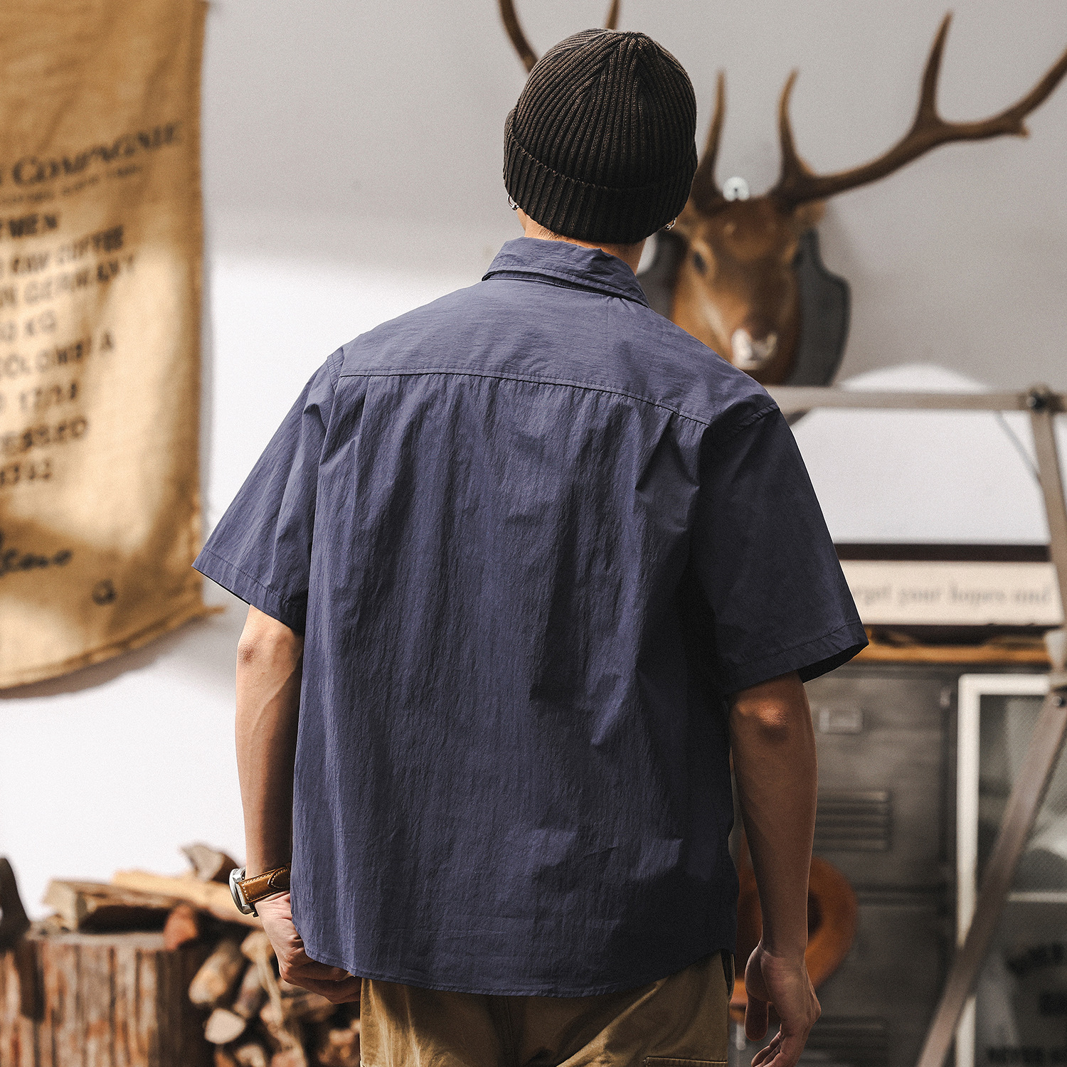 高級感60支棉錦山系戶外短袖襯衫男夏季潮牌美式復古撞色休閒襯衣