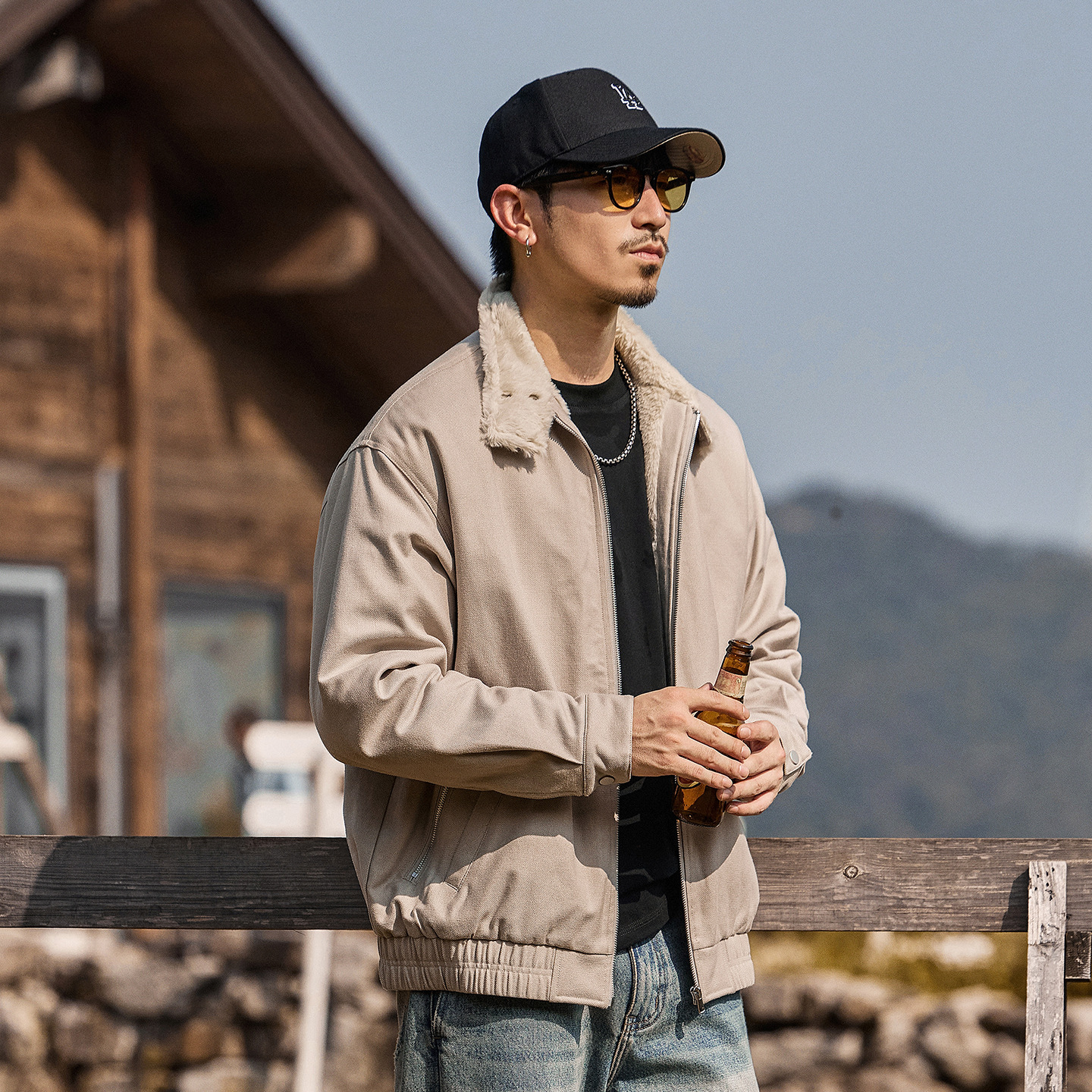 美式復古軟糯仿兔絨加厚棉服外套男冬季保暖毛領加絨棉襖男士棉衣