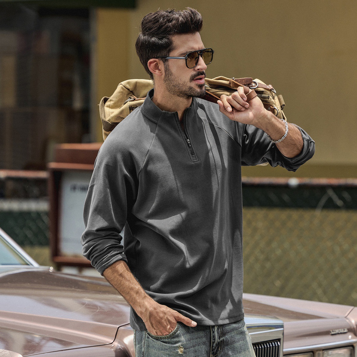 美式復古重磅T恤男春季新款拉鍊半高領衛衣男寬鬆打底衫長袖上衣