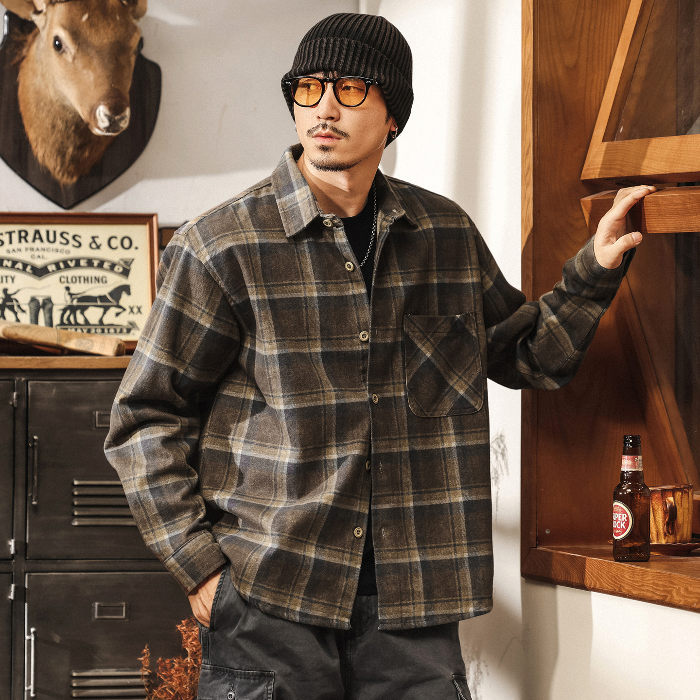 7X7斜紋萊賽爾格子襯衫男長袖秋季2025新款美式復古寬鬆襯衣外套