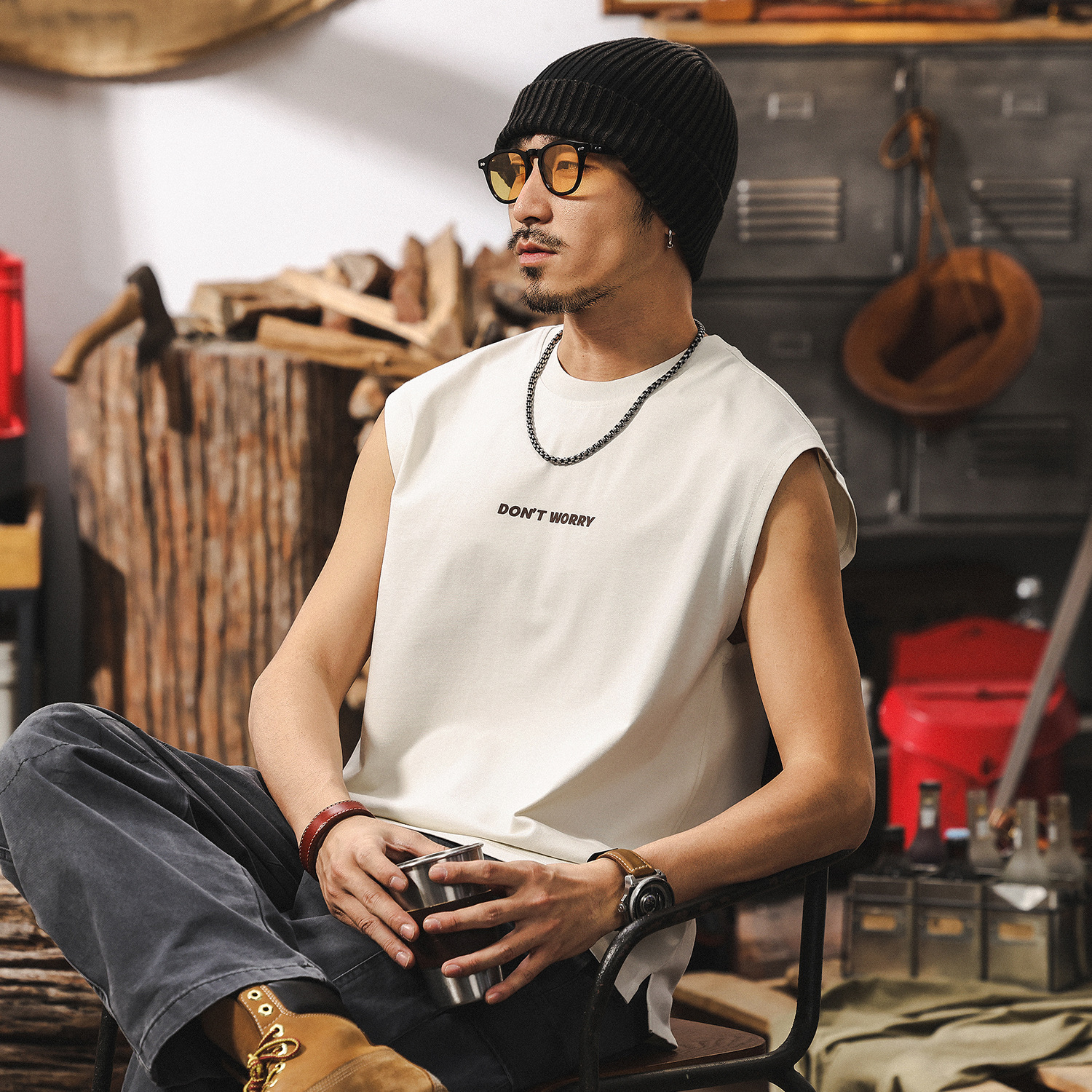 涼感防曬新疆長絨棉美式親膚運動背心男寬鬆夏季坎肩無袖重磅T恤