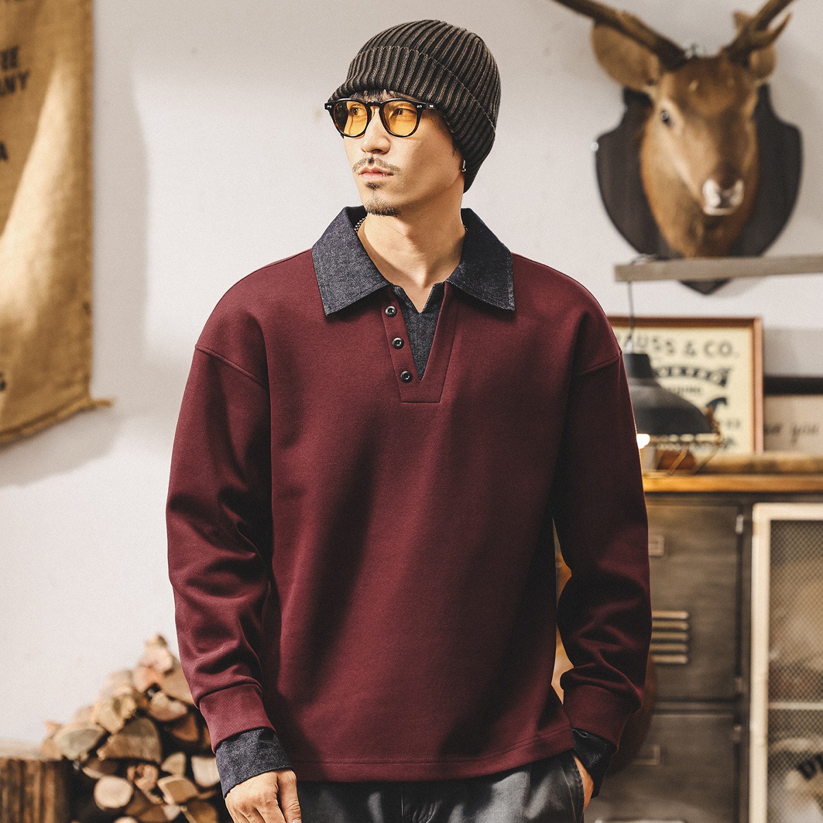 美式復古360g重磅衛衣男秋季新款高級感牛仔襯衫領潮牌假兩件上衣